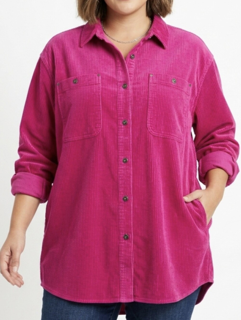Oversized Corduroy Button-Front Shacket in Fuchsia